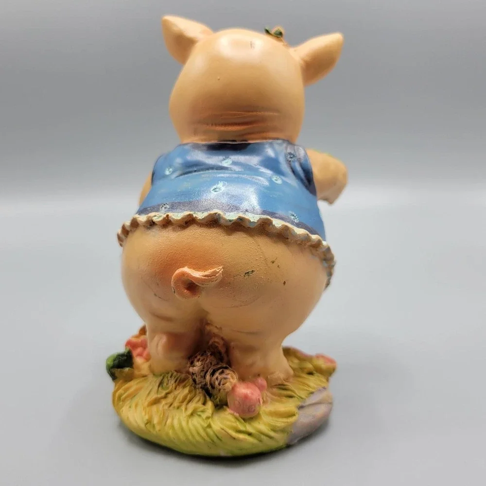 Vintage Adorable Happy Pig Figurine Blue Dress Floral Accents Home Shelf Decor